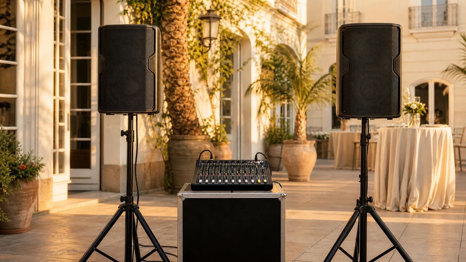 Equipo de sonido sobre trípode para ceremonia y cóctel al aire libre